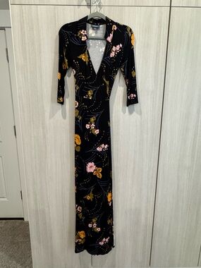 ModCloth Black Floral Wrap Maxi Dress with Pink & Mustard Accents! Sz XS new